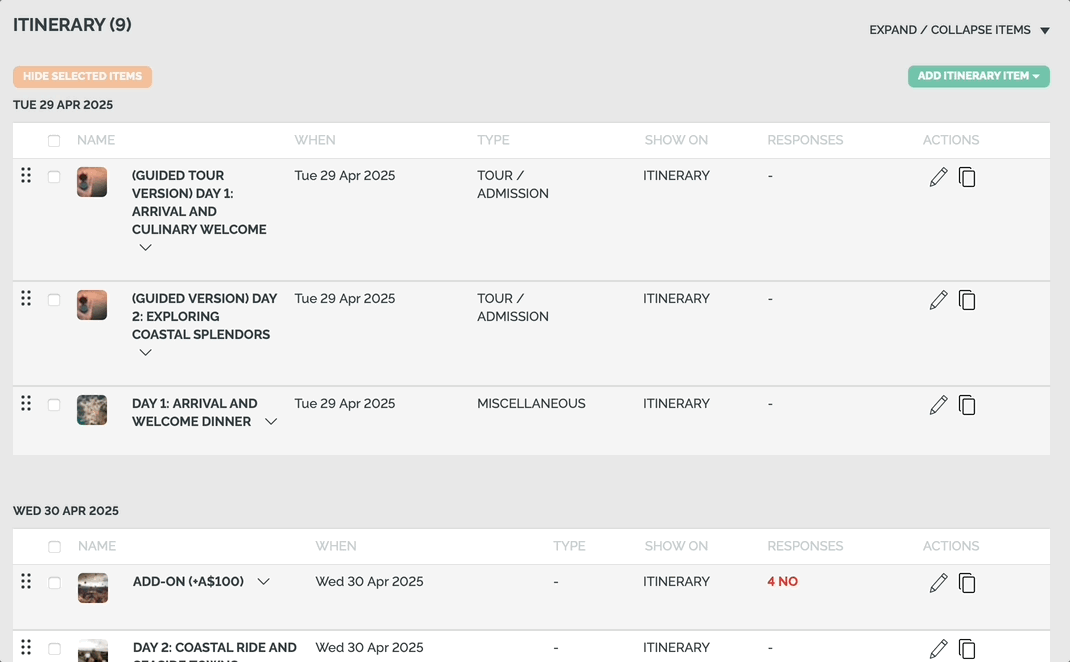 drag and drop itinerary item