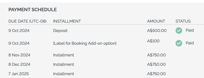 booking add on payment schedule