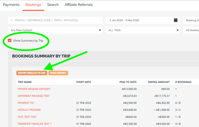 bookings report export button