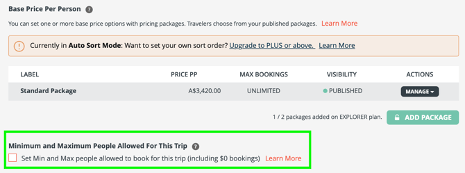 min max people on trip below packages