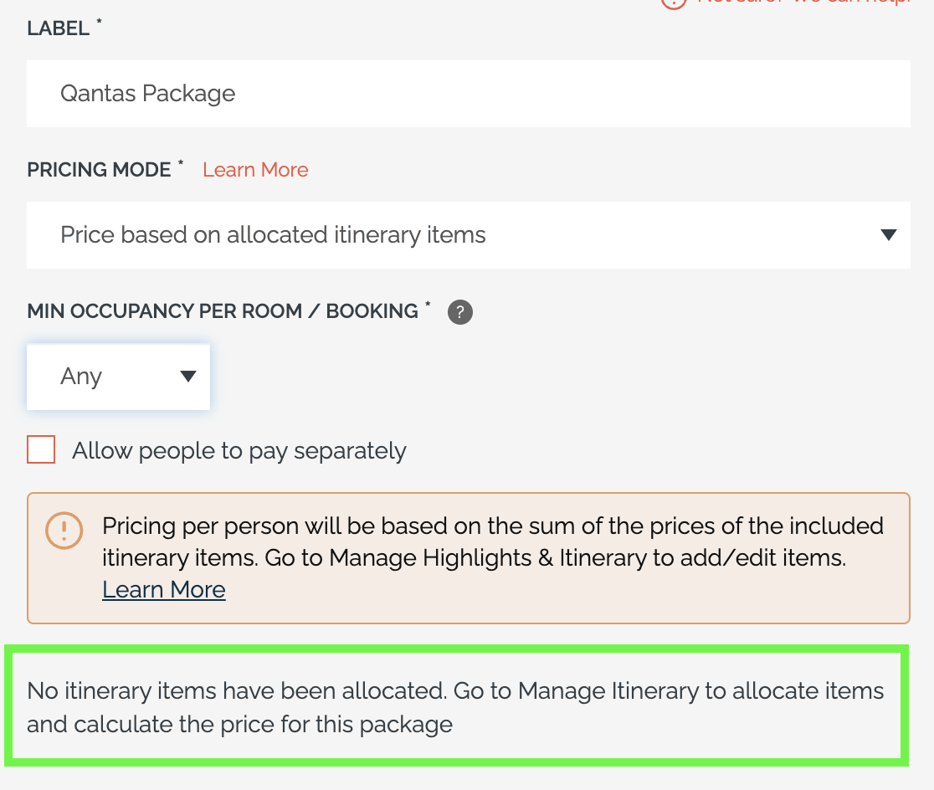Price Package Based On Itinerary Items with Supplier Costs