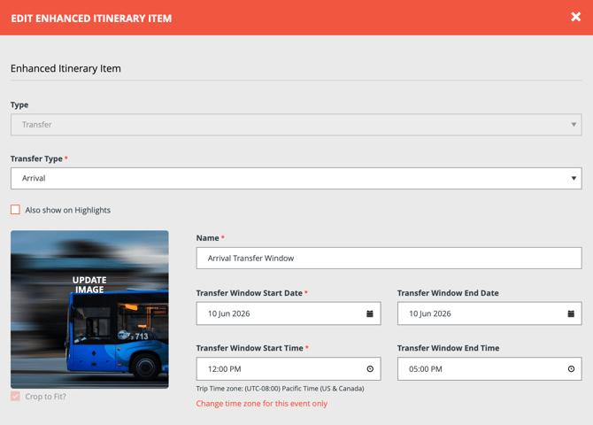 transfer item arrival window example